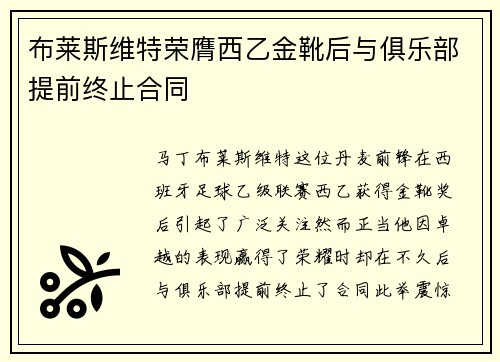 布莱斯维特荣膺西乙金靴后与俱乐部提前终止合同