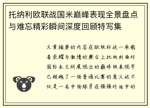 托纳利欧联战国米巅峰表现全景盘点与难忘精彩瞬间深度回顾特写集